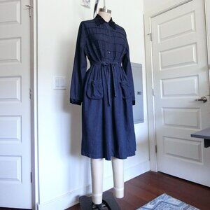 Vintage Denim Midi Dress w/ Velvet Collar + Cuffs - Long Sleeve Button Down